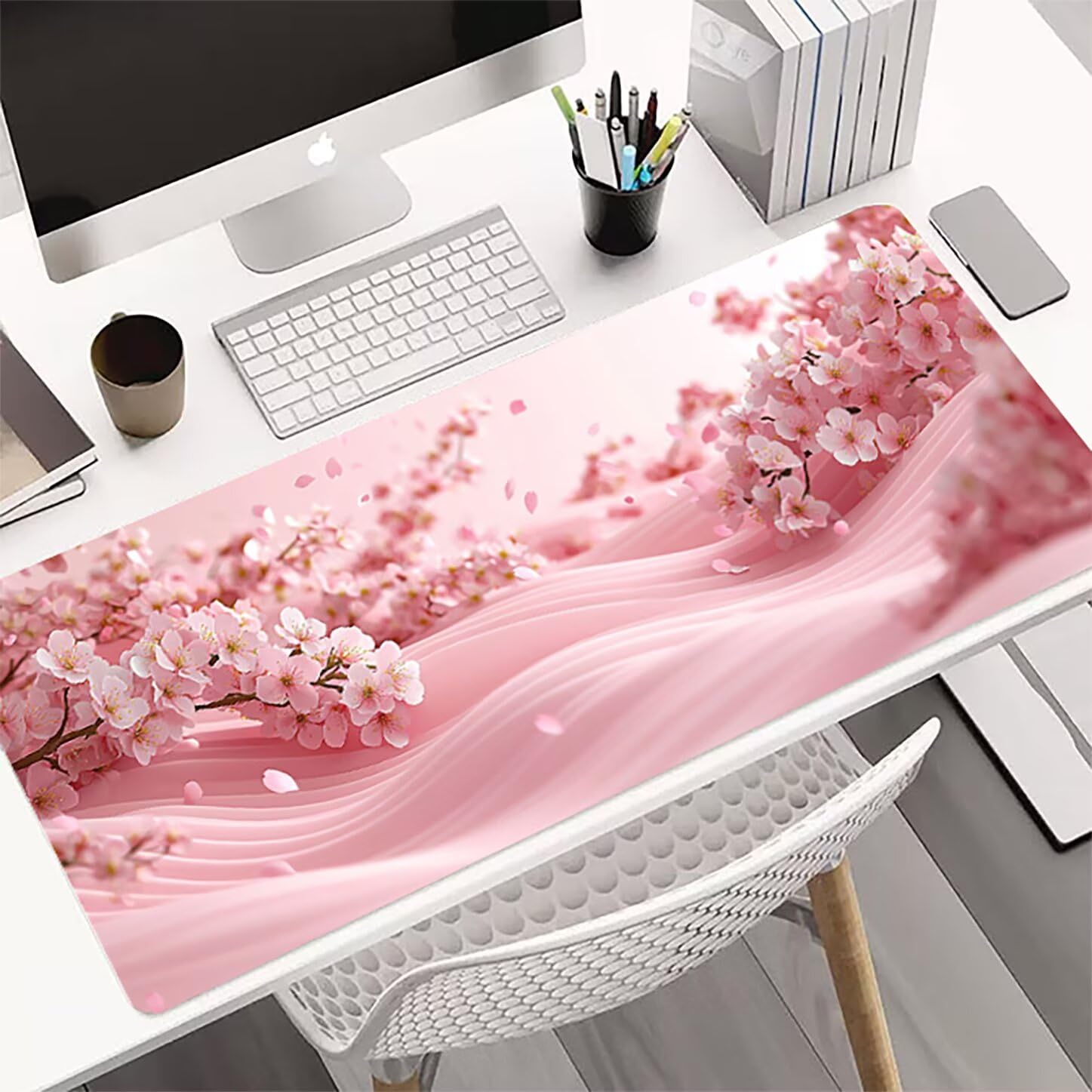 Lpfieonn Kirschblüten Großes Schreibtischunterlage, XXL Schreibtischunterlagen, Rosa XXL Wasserdicht Gaming Mousepad mit Vernähter Rand und Rutschfeste Gummibasis, für Hause/Büro 120x60cm PF-2067
