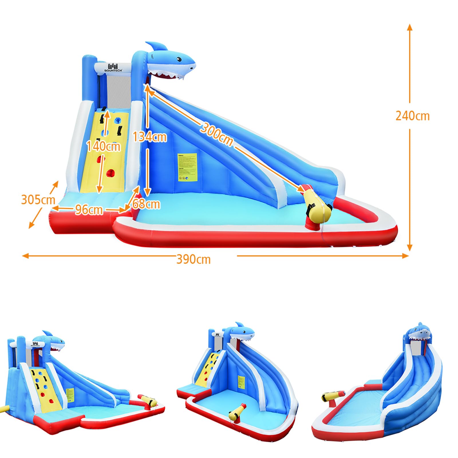COSTWAY Castello Gonfiabile Per Bambini, Parco Giochi Gonfiabile Con Scivolo, Parete Per Arrampicarsi e Piscina, Ideale Per 4 Bambini 3-8Anni, Con Borsa di Trasporto e Kit di Riparazione