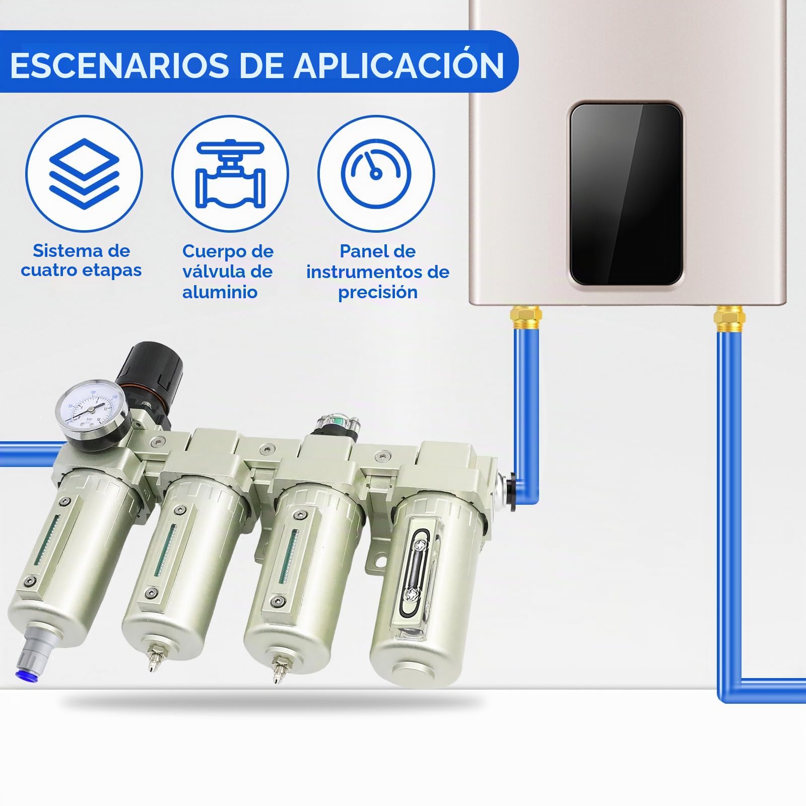 Secador de aire para compresor de 4 etapas NPT de grado industrial de 3/4 pulgadas, sistema separador de agua para cortador de plasma y spray de pintura, sistema de 3 filtros y 1 secadora, drenaje