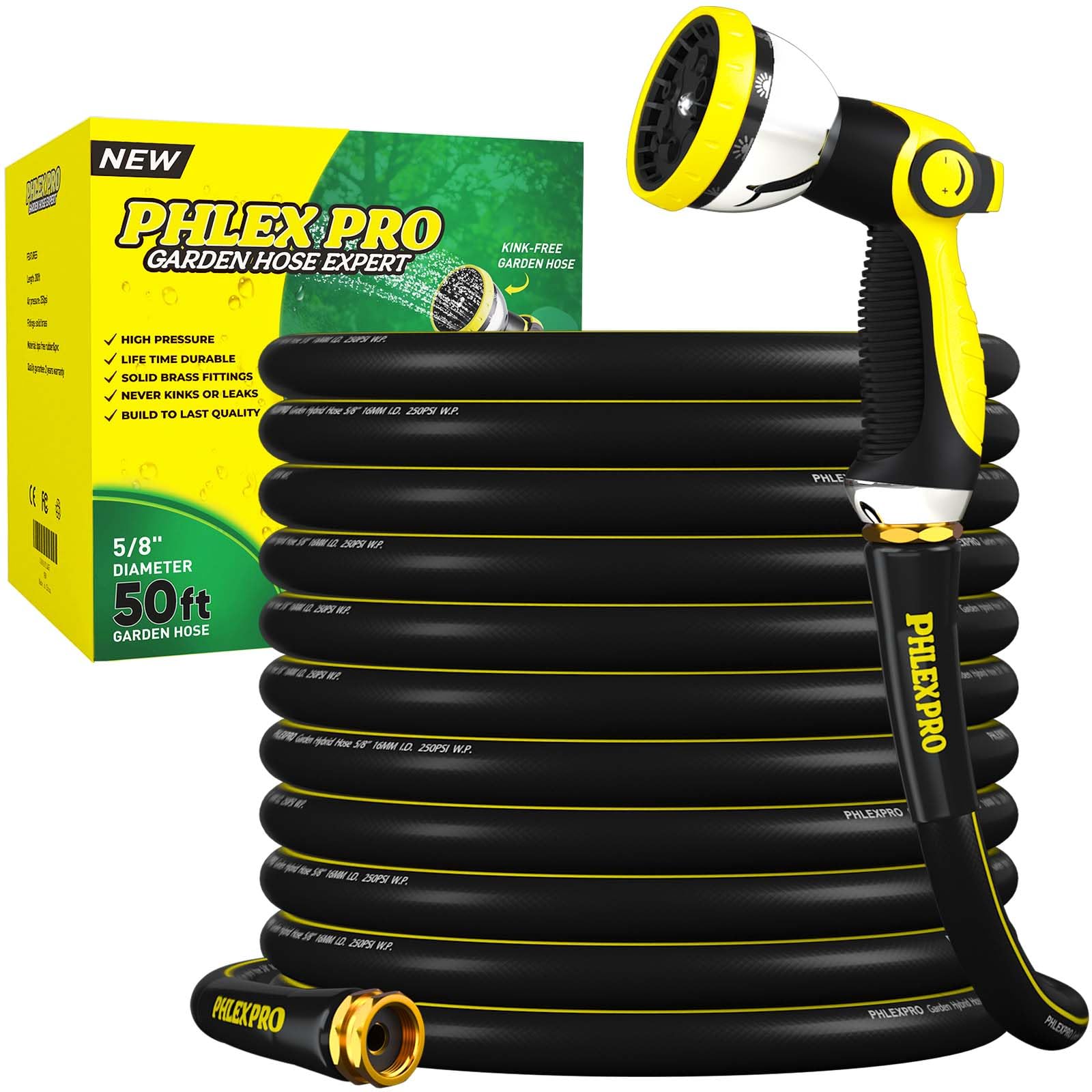 Garden Hose 50FT with 10 Pattern Spray Nozzle - PHLEX PRO Heavy-Duty Premium 5/8'' Rubber 3-Layer Water Hose - Innovation Flexible Hybrid Lightweight Water Hose, Full Brass Fittings (RyobiGreen)