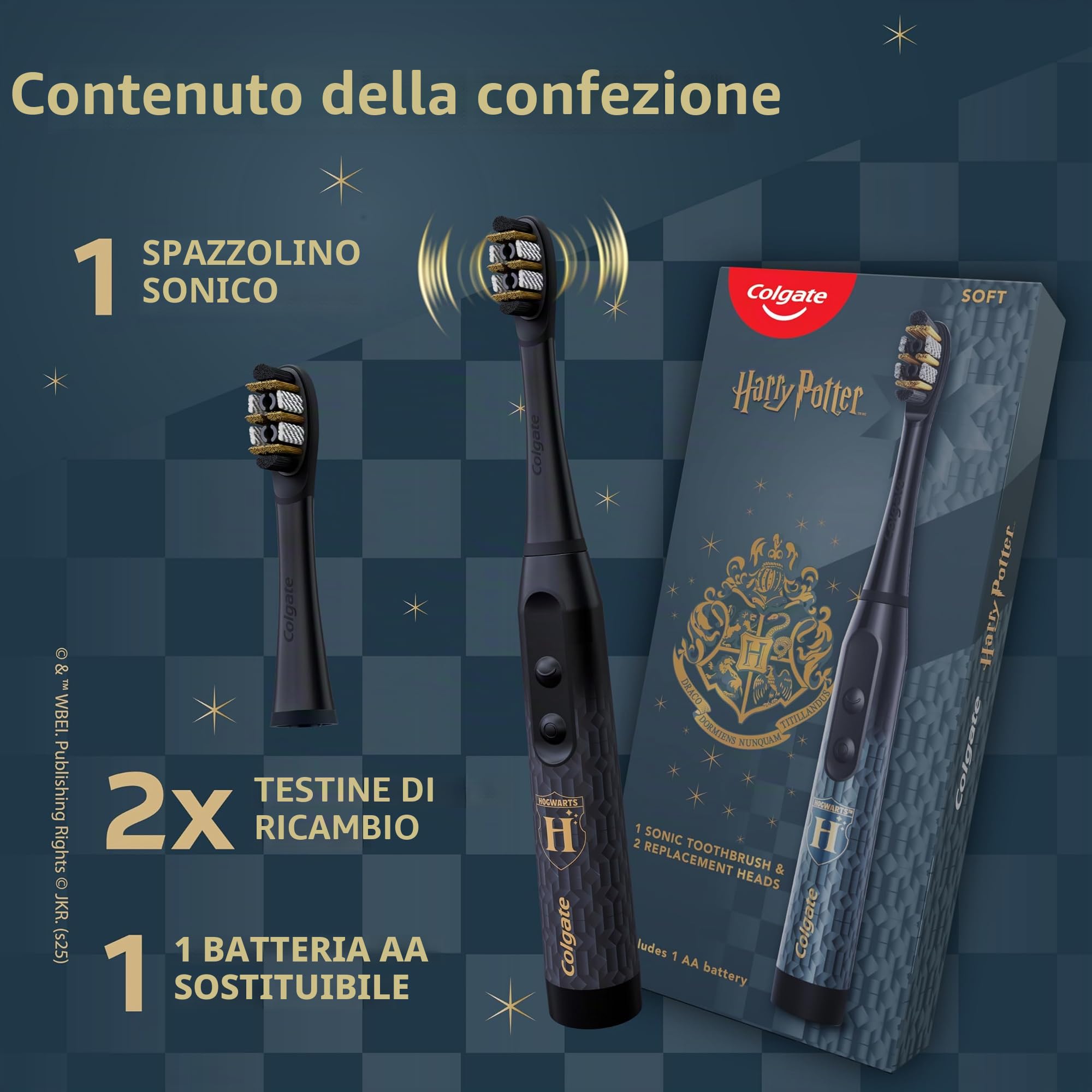 Colgate Harry Potter - Spazzolino da denti elettrico a batteria, per adulti, con 2 testine, morbido