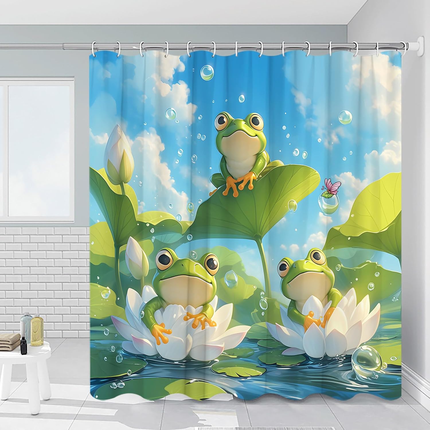 Frog Shower Curtain Lotus Leaf Lotus Pond Butterfly Watercolour Cartoon Funny Cute Animal Summer Bathroom Decoration Polyester Waterproof with Hooks
