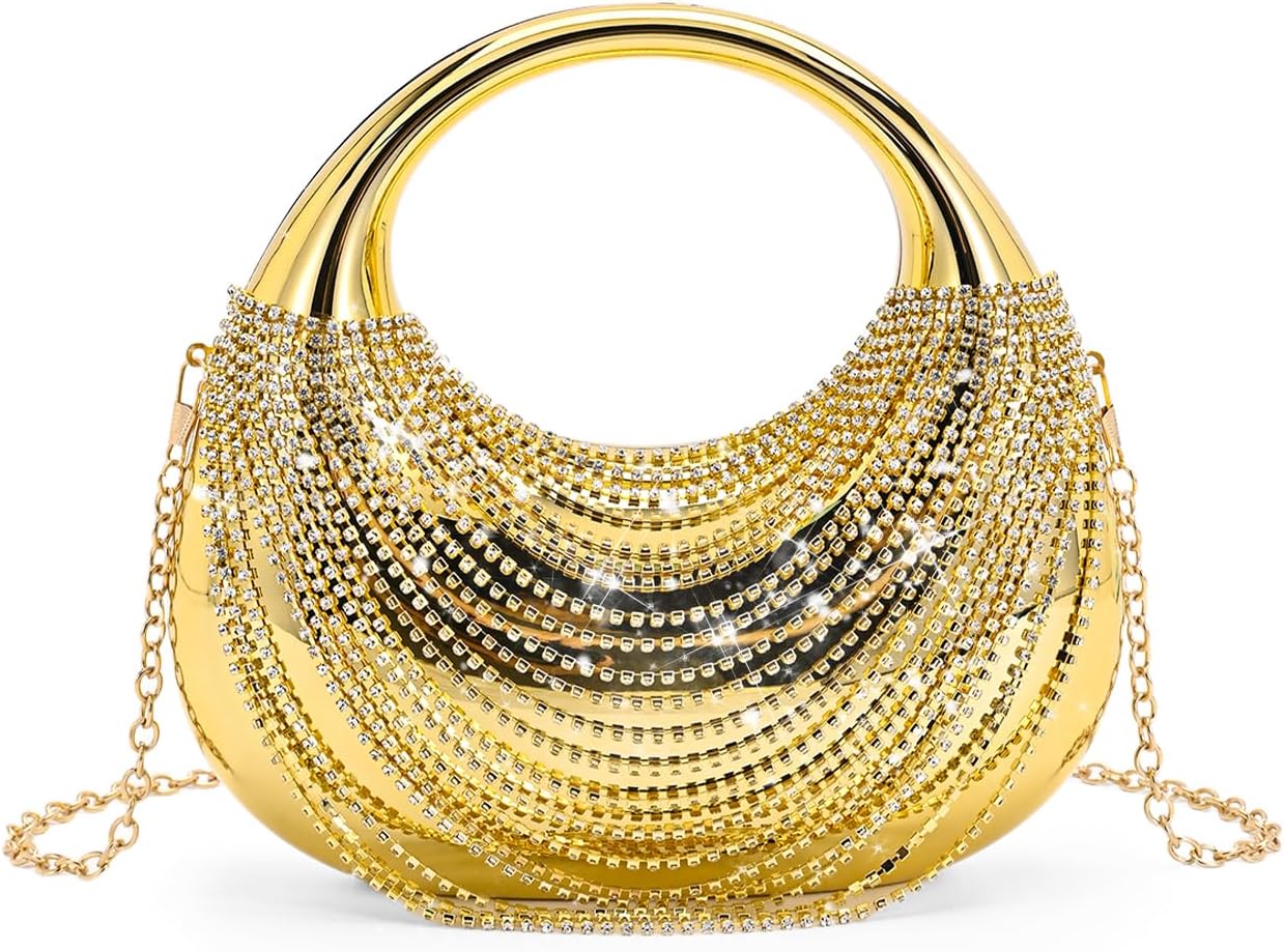Beatfull Metallic Crescent Evening Bags for Women Sparkly Rhinestone Clutch Purse Tassel Wedding Party Prom Handbag