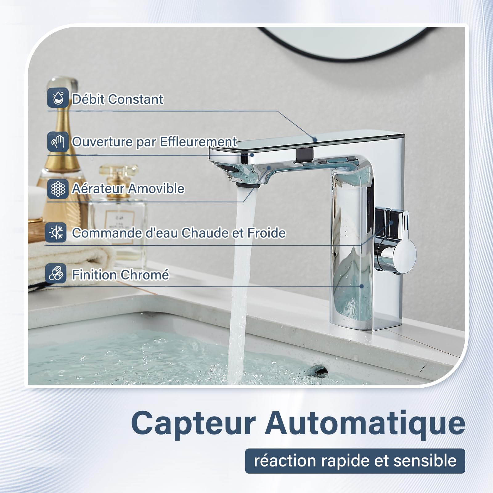 Robinet Automatique Sans Contact pour Salle de Bain en Laiton Alimenté par Piles Activé par le Mouvement Mains Libres avec Boîtier de Contrôle Chrome