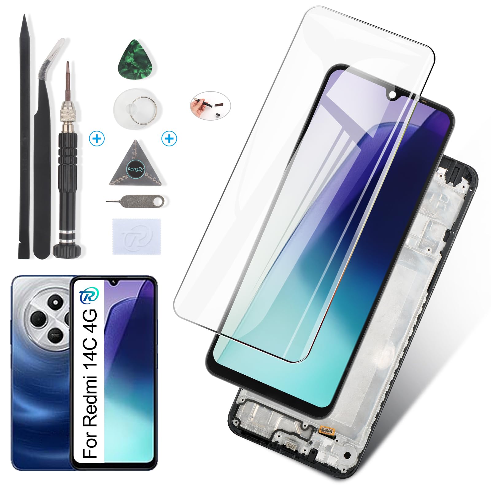 RongZy Pantalla para Xiaomi Redmi 14C 4G Táctil LCD de Repuesto Ensamblaje Digitalizador Reemplazo para Redmi 14C 4G con Herramientas de Reparación (Negro con Marco)
