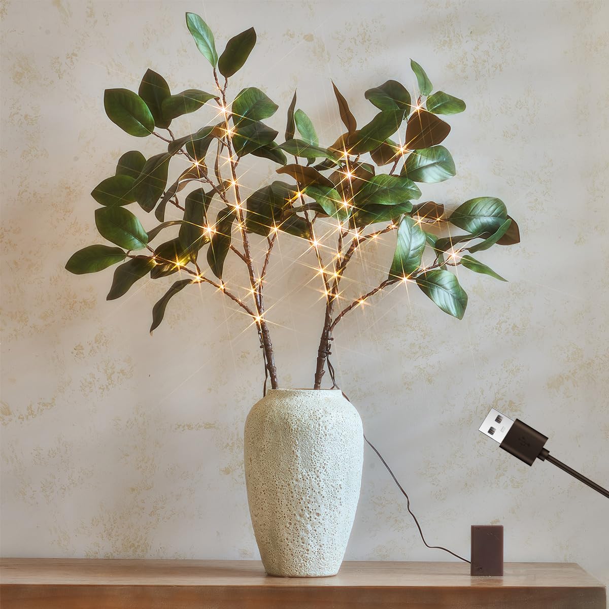 FudiosMagnolia Branches Lights with Timer 32IN 60 LED Battery Operated or USB Plug in Artificial Greenery Magnolia Stems for Spring Decor