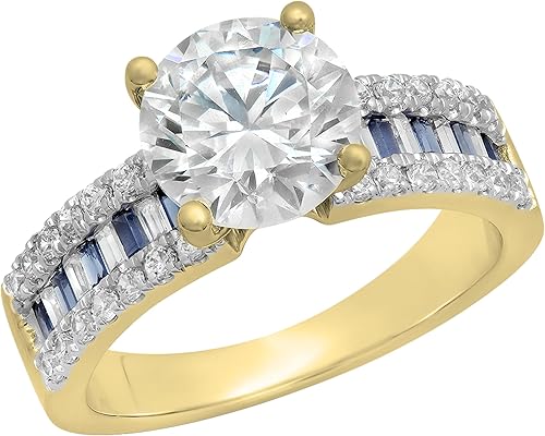Dazzlingrock Collection Anillo de compromiso redondo de oro macizo de 10 quilates y baguette de 5.80 quilates con zafiro azul y circonita cúbica