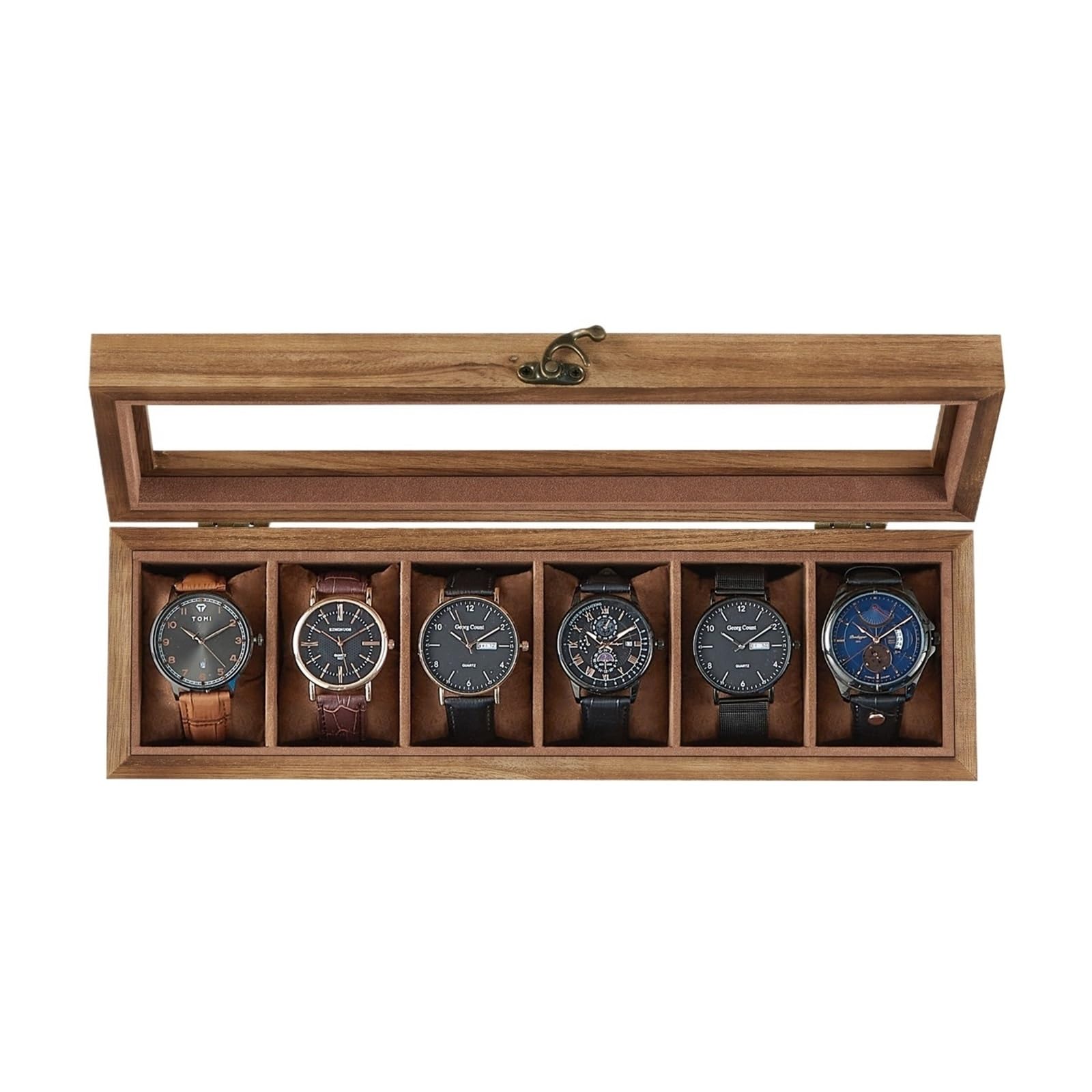 Cymmiyt Rustic Walnut Watch Box Watch Box, 6-Slot Case, Solid Wood Organizer With Glass Lid, Display With Removable Pillows