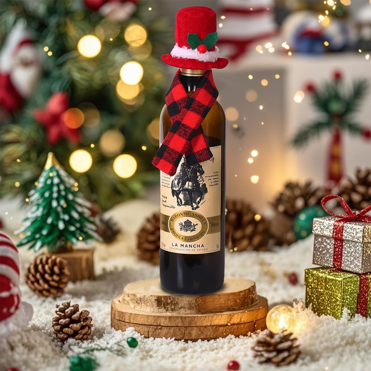 12 Pieces Christmas Wine Bottle Cover Set Red Black Buffalo Plaid Mini Xmas Santa Scarf Hat Wine Bottle Decoration for Christmas Wine Bottle Party Table Decor