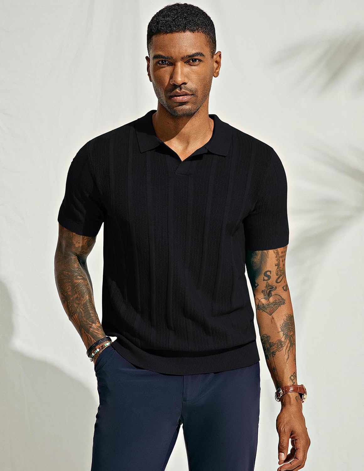 PJ PAUL JONES Mens Polo Shirts Regular Fit Textured V-Neck Knit Golf Polos - Image 3