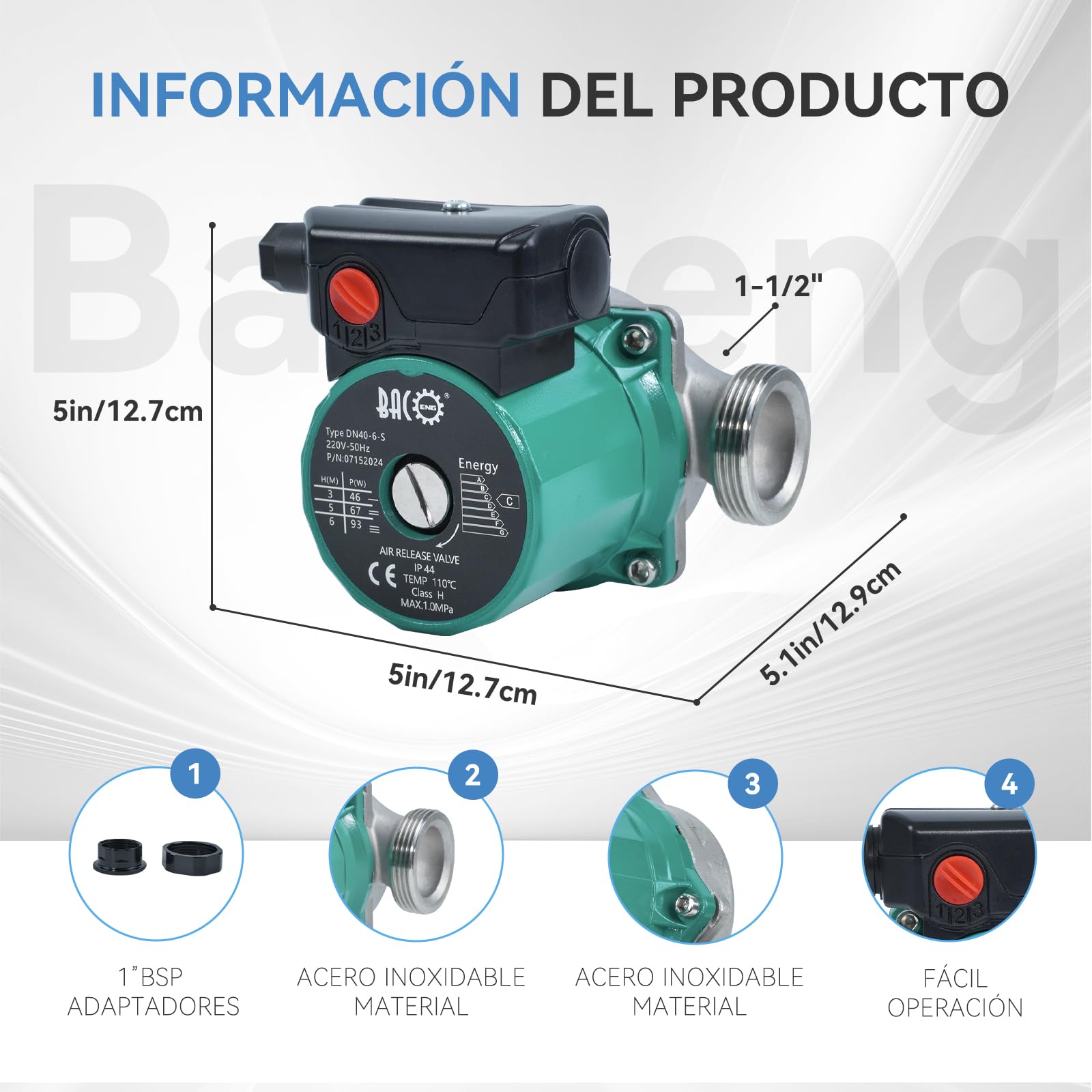 BACOENG Bomba de Circulación RS25/6-180 Acero Inoxidable Bombas de Recirculacion Calefacción para Sistemas Circuladora Calefaccion Central 220V/50Hz