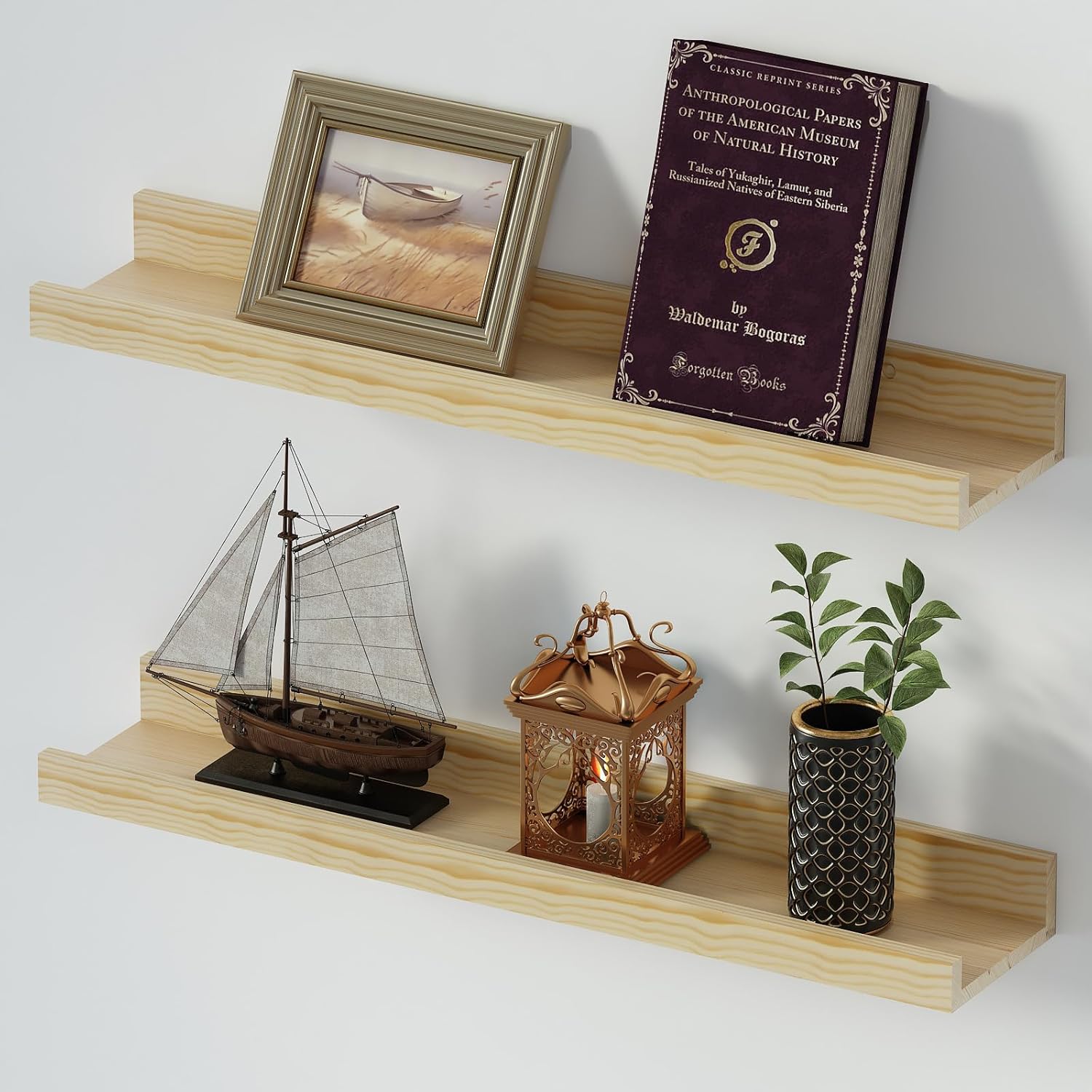 SAUMONIERES Picture Ledge Shelf Floating Book Shelves Set of 2 Wall Mounted Solid Wood for Bedroom Bathroom Living Room Kitchen, 24 Inch Natural Natural-unstained 24 inch