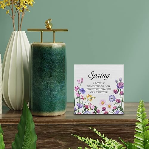 Miniatura 3 de Letrero de madera con diseño de flores de primavera para decoración de escritorio con cita de primavera, caja de madera, letrero de bloque rústico