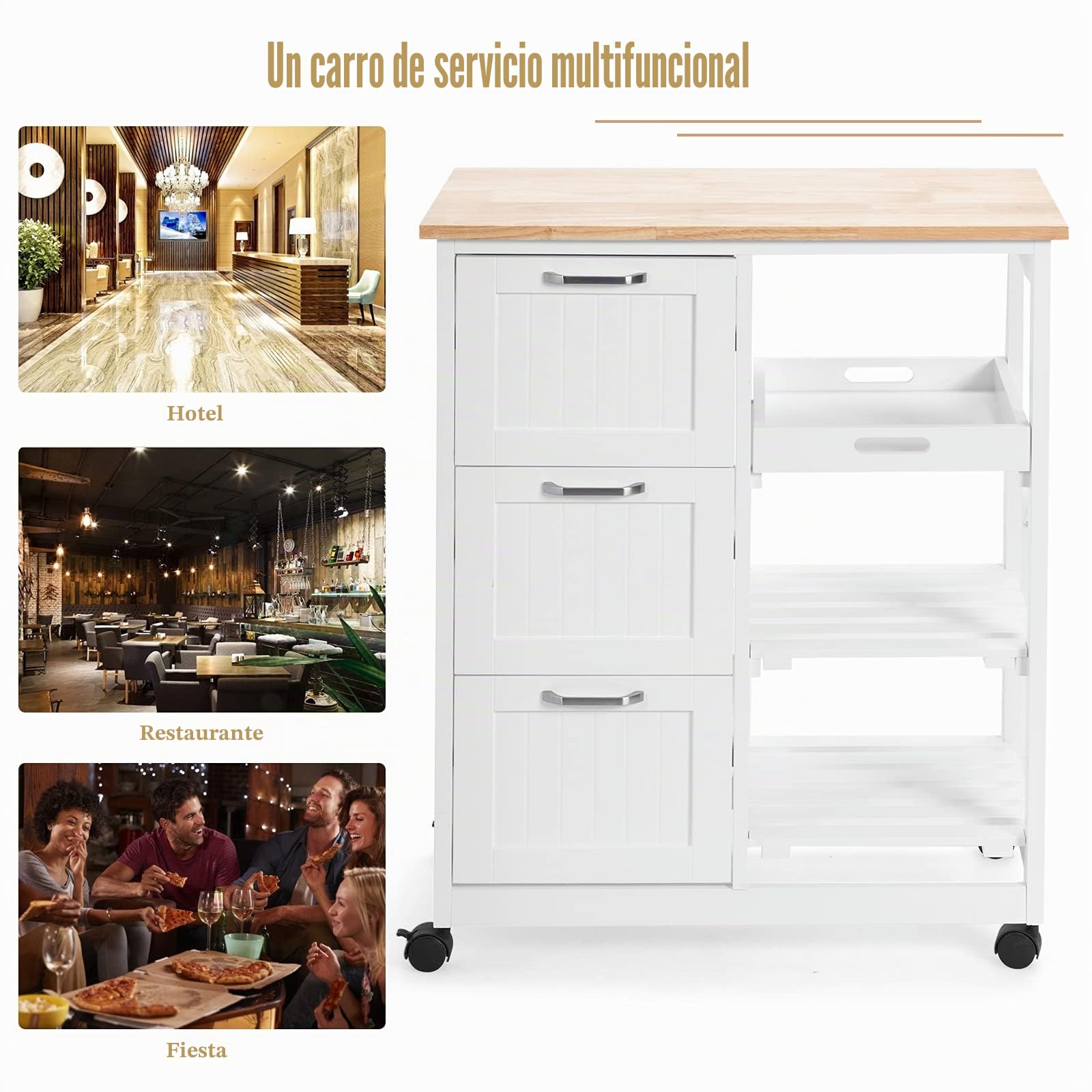 GOPLUS Carro de Cocina con Ruedas con 3 Cajones y 3 Niveles, Carrito de Cocina de Madera con 1 Bandeja Extraíble y Freno, Ideal para Cocina, Salón, Pasillo, 67 x 37 x 83,5 cm, Blanco y Natural