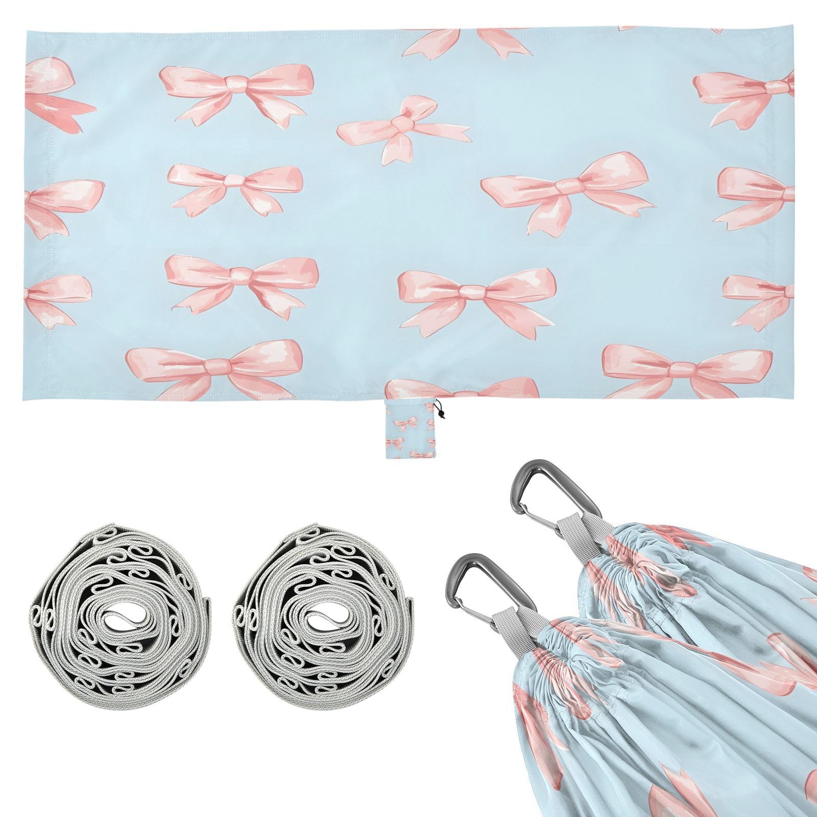 ATTX Small Pink Bows Camping Hammock - Lightweight & Portable Hammocks, Heavy Duty 330lbs Capacity for Indoor, Hiking, Backpacking, Travel, Backyard, Beach#592