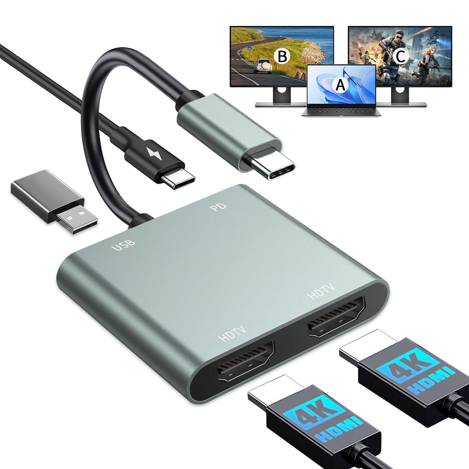 BLKing USB C to Dual HDMI Adapter, 4 in 1 HDMI Splitter for Dual Monitors 4K, USB, PD 100W, USB Type C to Dual Monitors Adapter Multiport for MacBook Pro/Air,USB C to HDMI Splitter Extended Display-image-0