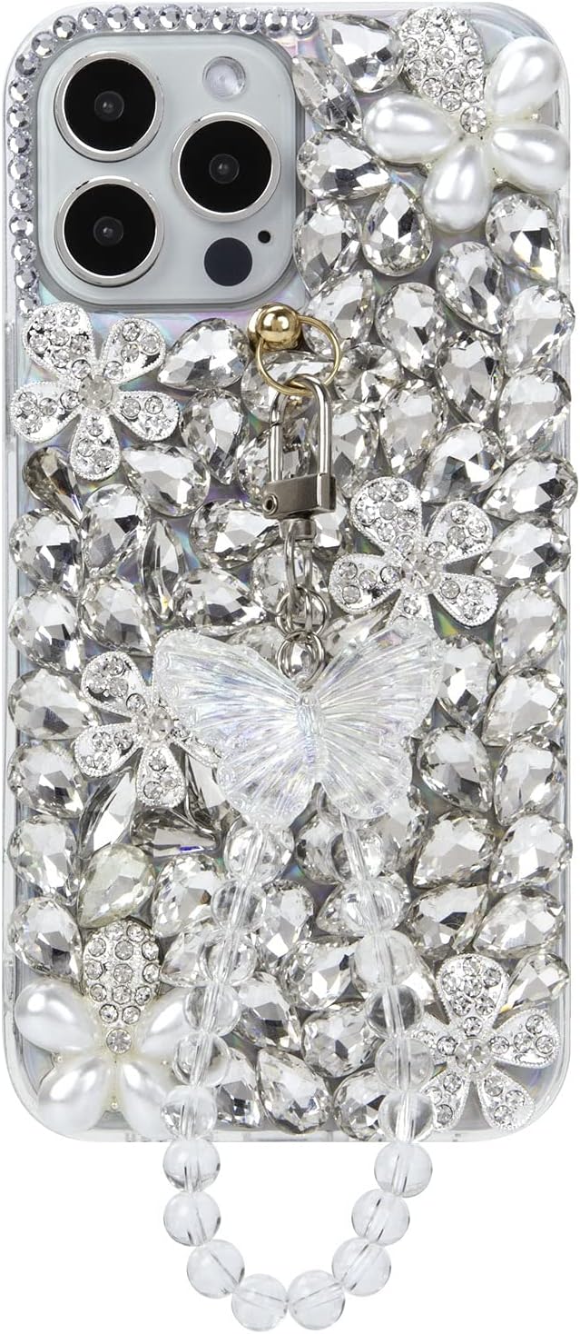 iFiLOVE for iPhone 13 Pro Max Bling Case, Girls Women 3D Luxury Sparkle Glitter Diamond Crystal Rhinestone Butterfly Charm Pendant Wristband Strap Laser Case Cover for iPhone 13 Pro Max 6.7 inch