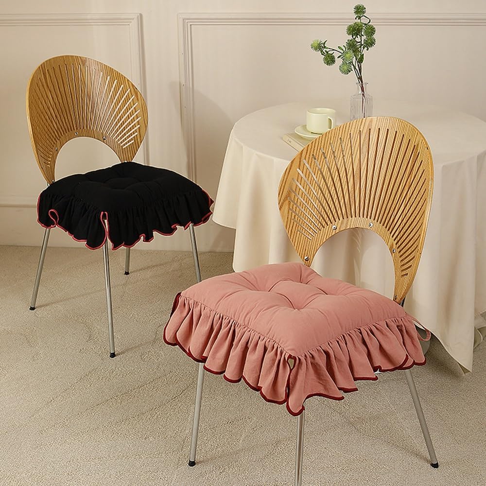 Set of 2/4/6 Ruffled Chair Pads for Dining Chairs, 16 x 16 in Cotton Fabric Chair Cushion with Ties Non Slip Soft Vintage Seat Cushion for Farmhouse Kitchen(Beige,4PCS)
