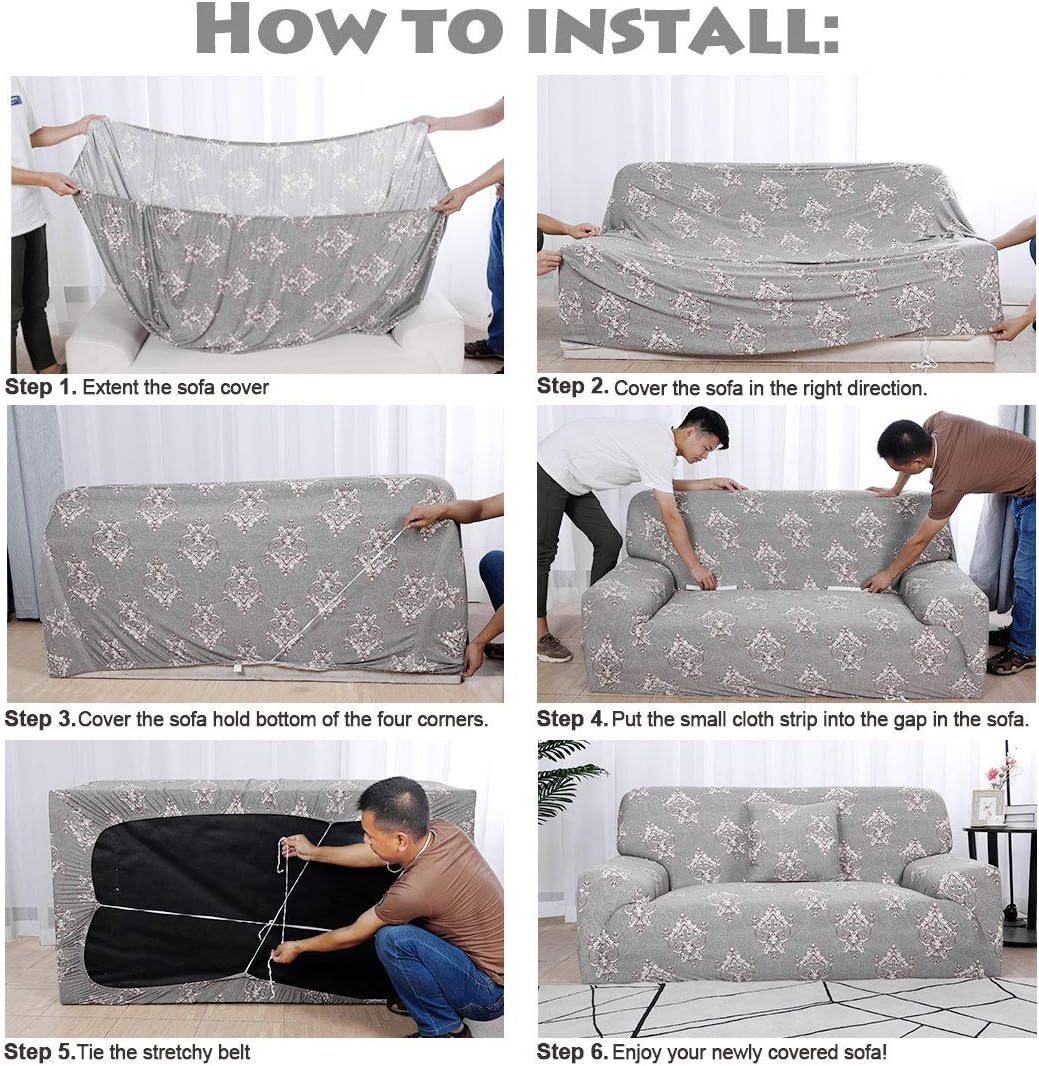 uxcell Printed Sofa Cover, Stretch Couch Covers, Spandex Fabric Sofa Slipcover, Furniture for 1 2 3 4 Cushion Couch with One Pillow Case Small Gray