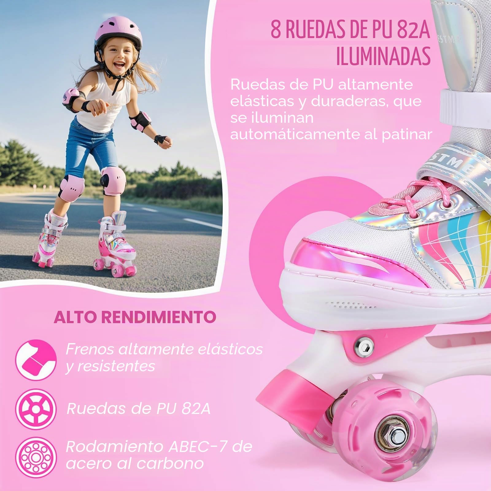 Patines para Niñas Patines 4 Ruedas Roller Quad Ajustables con Ruedas Luminosas para Niñas y Principiantes