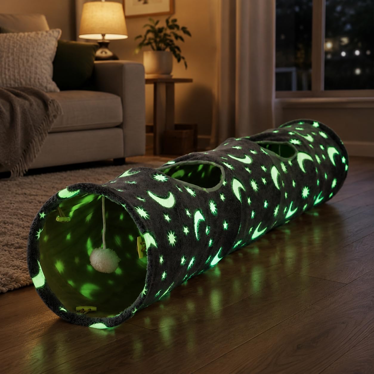Tubo de túnel de gato con bola de peluche, plegable, fotoluminiscencia luminosa, para mascotas pequeñas, conejos, gatitos, hurones, cachorros y perros, estrella de luna gris