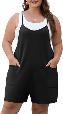 OLRIK Womens 2026 Summer Plus Size Romper Adjustable Spaghetti Strap Jumpsuits With Pockets Sleeveless Casual Overall Shorts