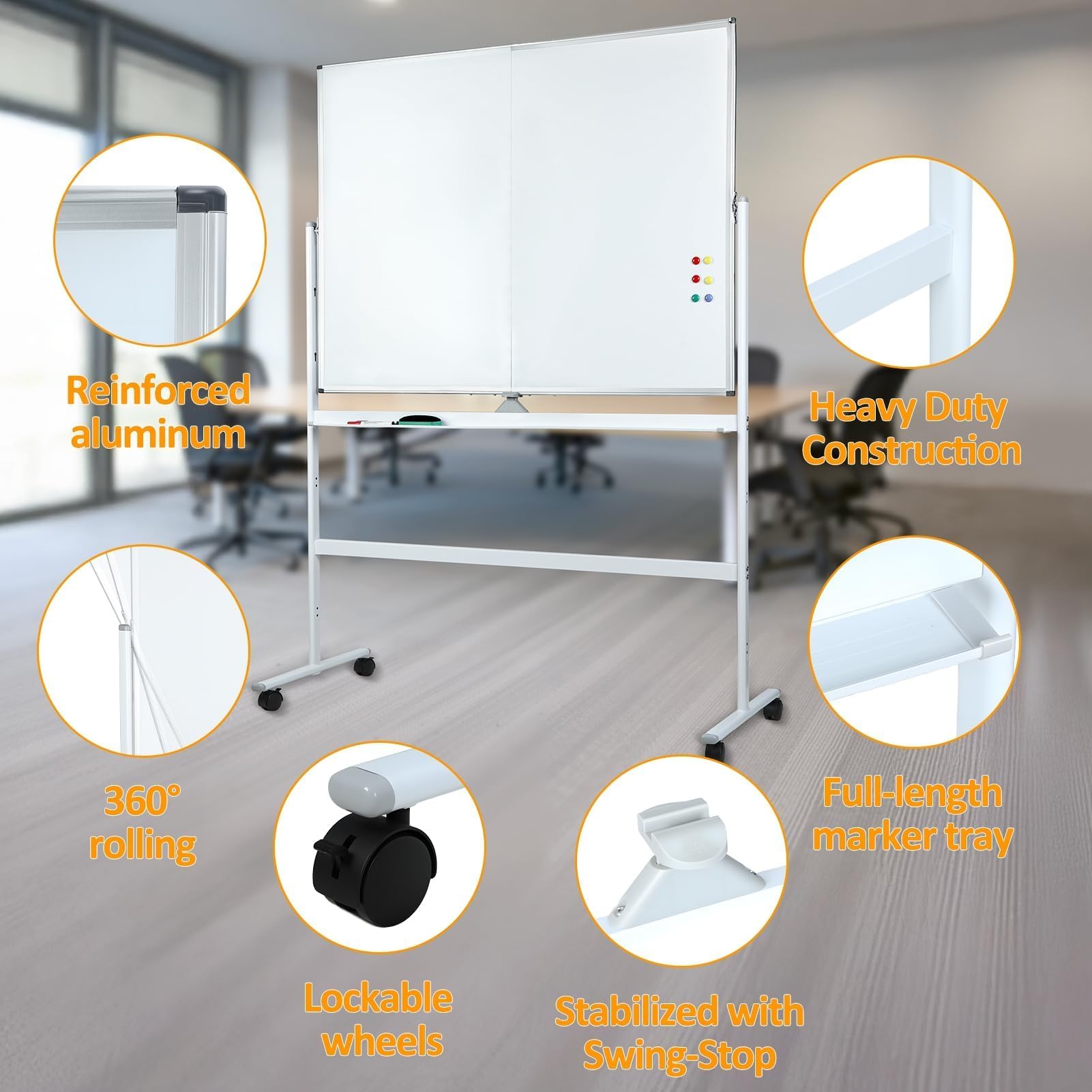 Pizarra blanca magnética móvil – Pizarra blanca rodante de doble cara 126 x 90 cm – Pizarra grande reversible de borrado en seco, caballete de pie con ruedas con soporte