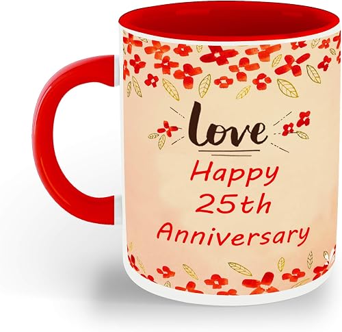 WHATS YOUR KICK Silver Jubilee Anniversary, Happy 25th Anniversary Printed Red Inner Colour Ceramic Coffee Mug- Gift for Wife, Gift for Sweet Husband, Best Gift, Unique Gifts (Multi 12)
