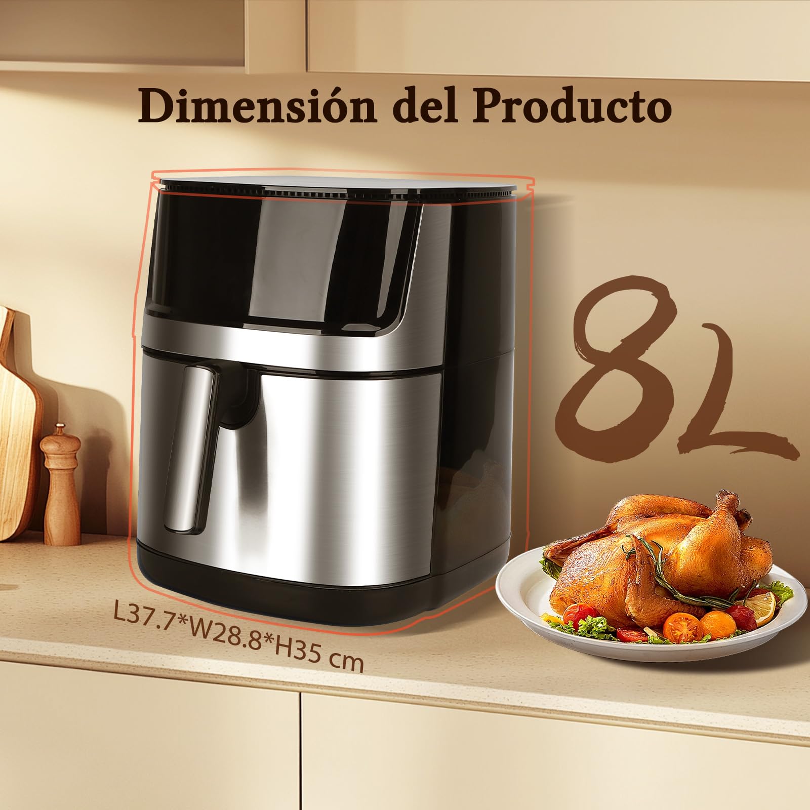 Taylor Swoden Freidora de Aire 8L XXL, Air Fryer con Doble Resistencia Arriba y Abajo, Ventana de Visualización, 2000W, Interior Metálico, 10 Programas, Pantalla Táctil, Freidora sin Aceite