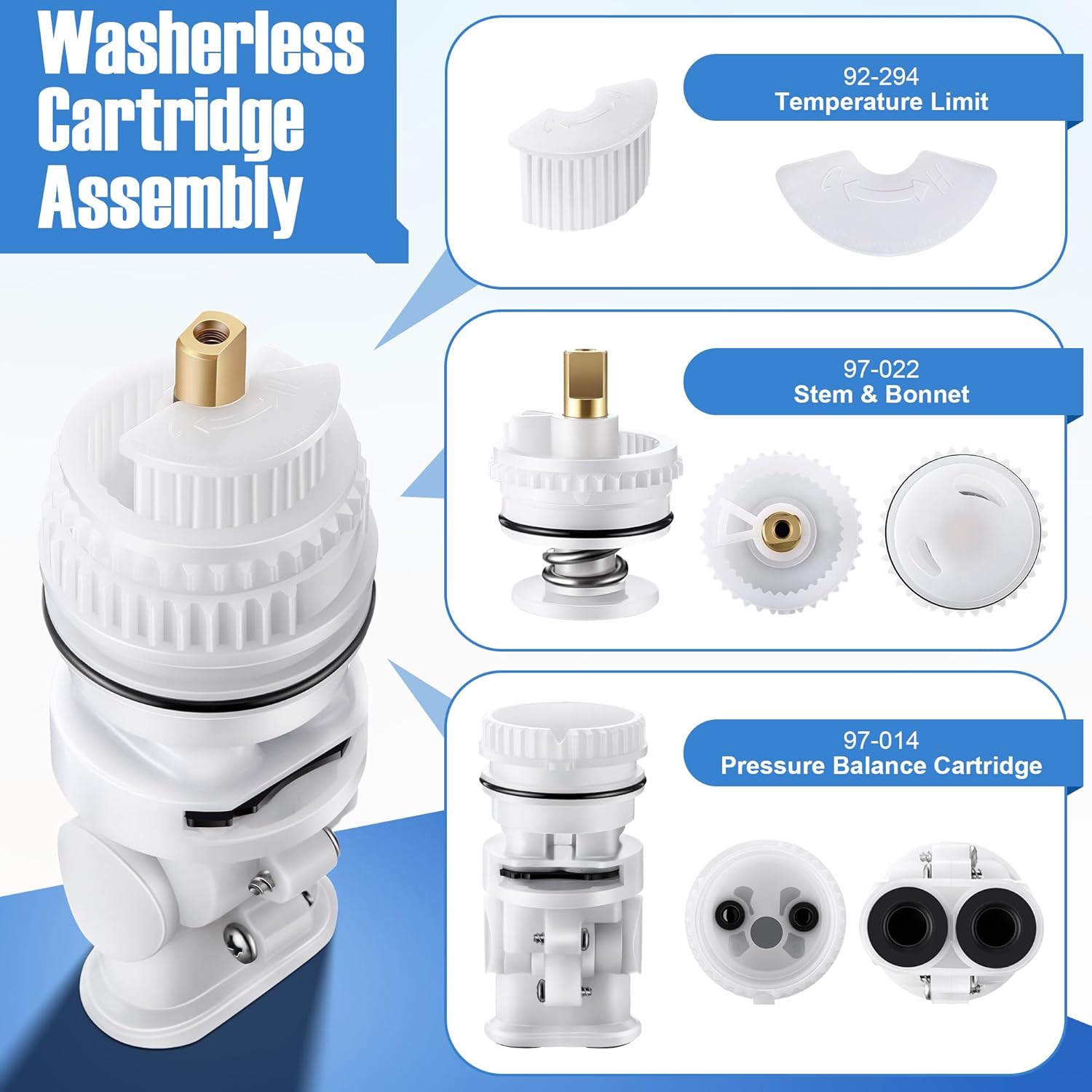 Shower Cartridge Replacement, Compatible with Gerber 97-014/97-022/92-294, Pressure Balance Cartridge with Stem and Bonnet and Temperature Limit, Compatible with Gerber 49-400/700 Shower