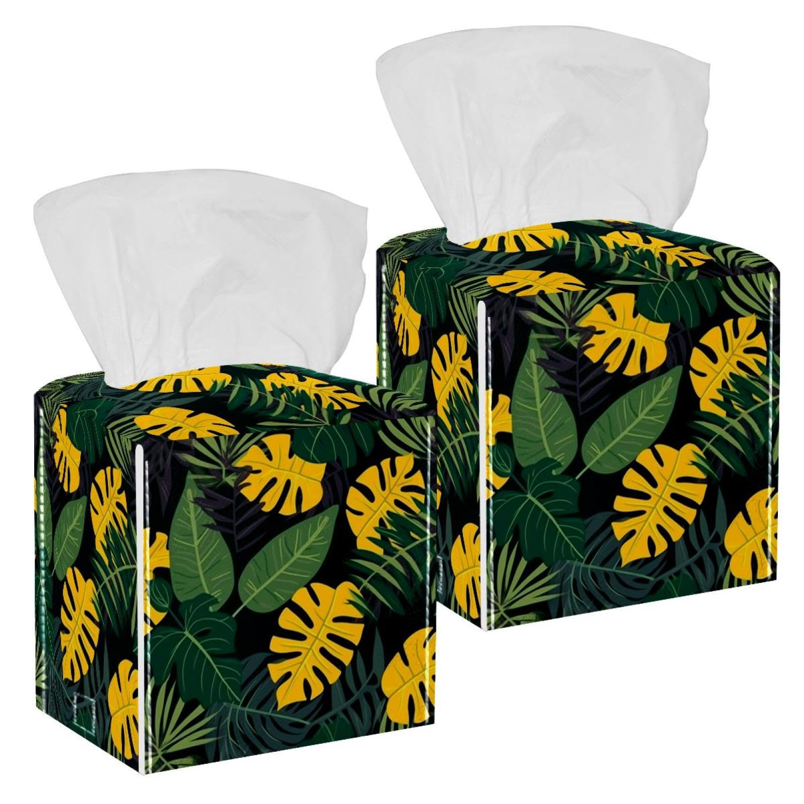 Tropical Palm Tissue Box Cover, 2 Pack PU Leather Square Facial Tissue Dispenser Box holder for Home Office Car