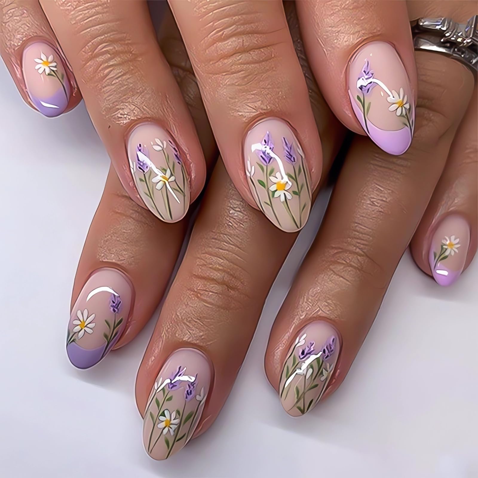 Flower Press on Nails Short Almond Purple French Tip Nails Spring Fake Nails with Floral Designs Cute False Nails Gel Acrylic Nails Full Cover Glue on