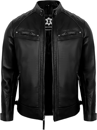 Leather Jacket Men - Real Lambskin Motorcycle Jacket with Snap Tab Collar, Adjustable Waist & Zippered Pockets