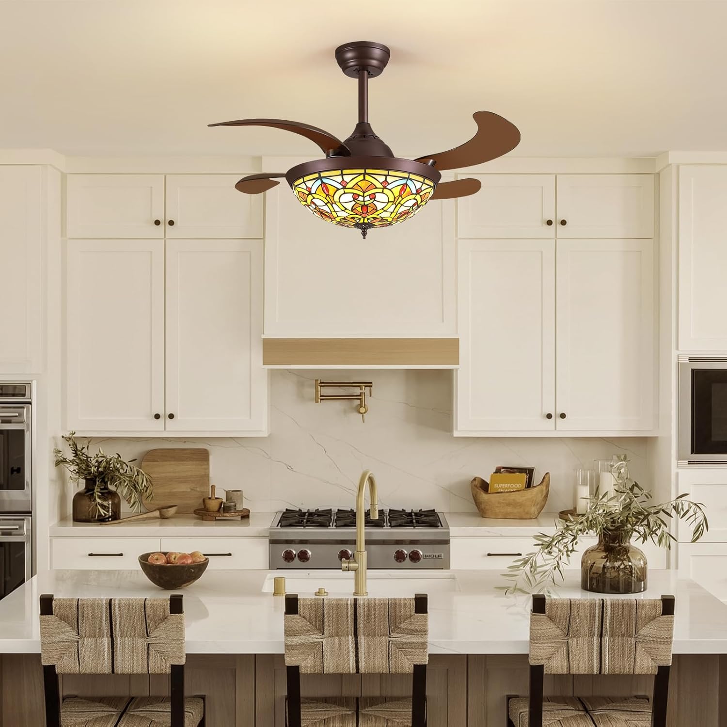 CROSSIO 36" Tiffany Ceiling Fans with Lights Tiffany Vintage Fandelier Vintage Chandelier Fan Stained Glass Ceiling Fan Retractable Blades for Living Room Dining Room