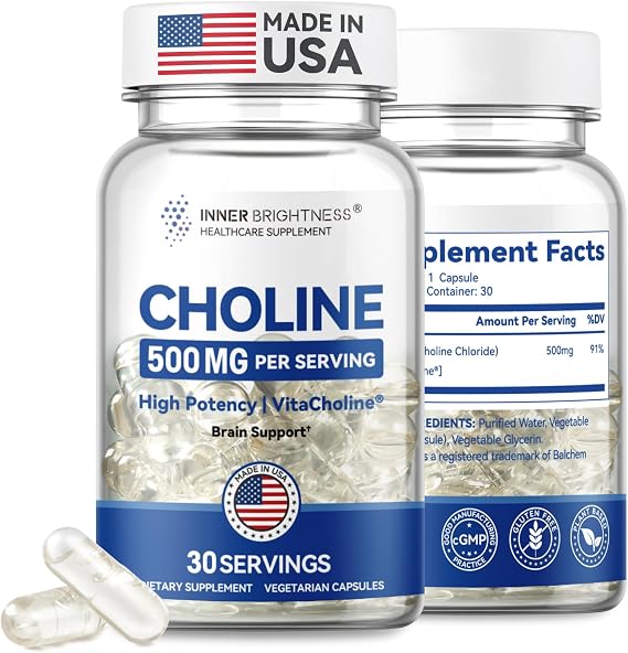 Prenatal Choline Supplements, Liquid Capsules for Focus, Memory, and Energy, 500mg Pure VitaCholine, Supports Babys Cognitive Development in Pregnancy, 30 Day Supply, Made in the USA