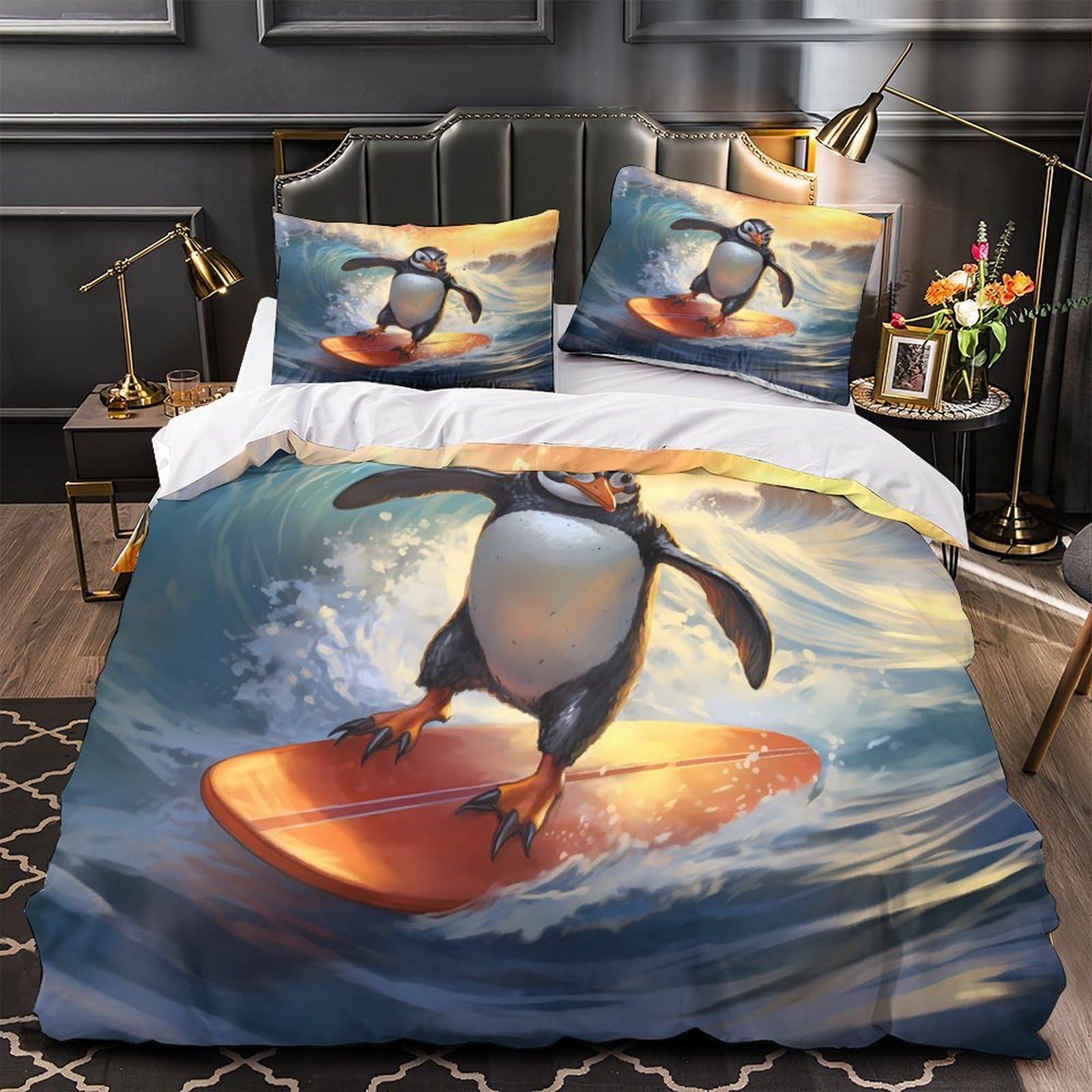 Housse de couette pingouin surfeur 3D drap de couette microfibre enfant 260x220cm