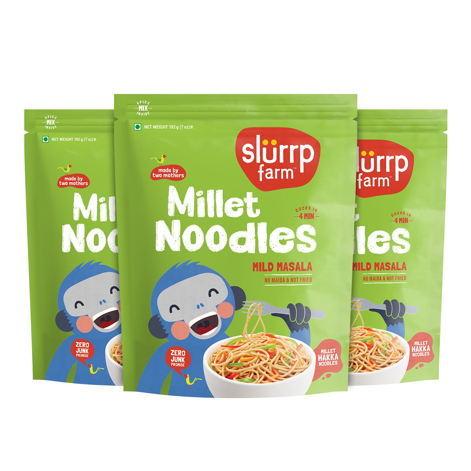 Slurrp Farm No Maida Millet Noodles | Not Fried, No MSG | Mild Millet Noodles Pack of 3-192g Each