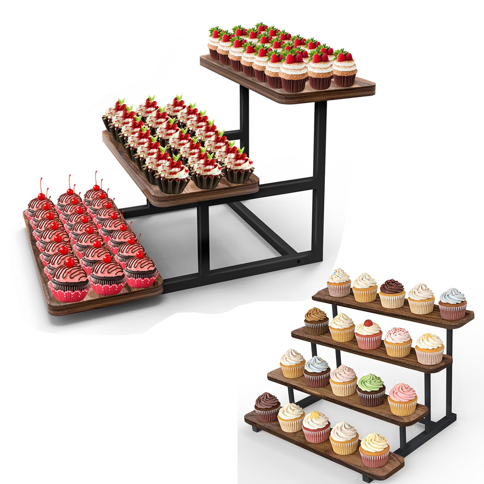 Kuchen und Cupcake Ständer für 63 Cupcakes mit Tortenständer aus Holz für 20 Cupcakes, 4 Etagen Cupcake Ständer Stufenregal