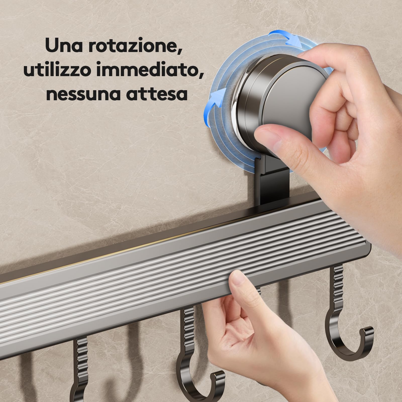 Barra a gancio per cucina senza foratura con ventosa | 8 ganci, lunghezza 40 cm, portata 20 kg, installazione in 1 minuto | Barra a gancio rimovibile inossidabile per utensili da cucina