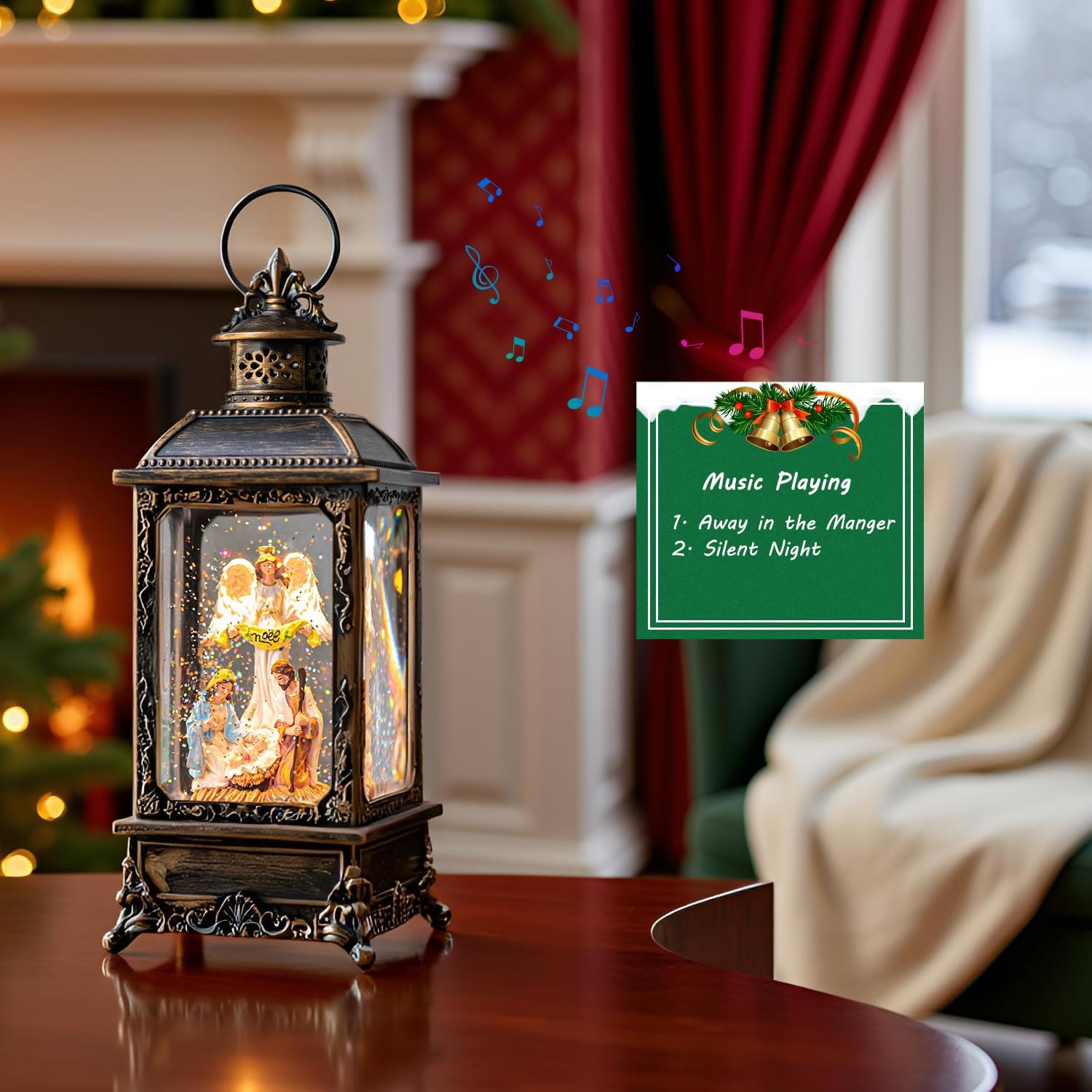 Christmas Snow Globe Swirling Glittering Angel & Nativity Scene with Music, USB Lined/Battery Operated Lighted Water Lantern for Christmas Festival Decoration Gifts