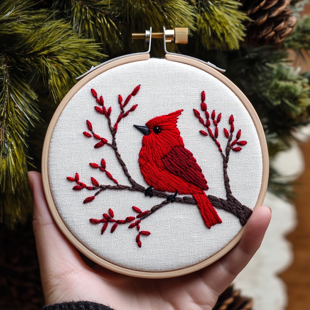 DIY Punch Needle Kits for Beginners Cute Red Cardinal on Tree with Hoop Embroidery Punch Needle Starter Set Easy for Adults and Kids Festival Gift and Decor 20x20cm-1