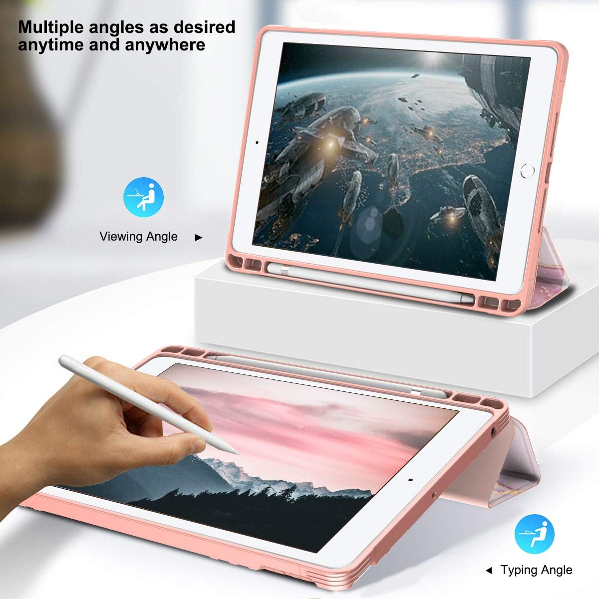 PIXIU Compatible with iPad 9.7 inch Case with Pencil Holder,ipad 6th /5th Generation Cases ,Full Body Protective Folio Leather Smart case Cover with Wake/Sleep Feature (Purple Marble) : Electronics