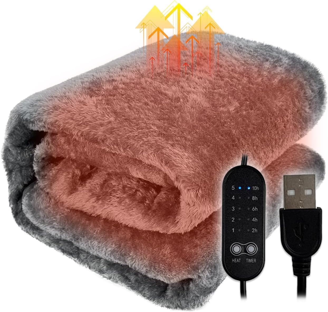 USB Heated Blanket, Electric Throw Heating Pad with 5 Heat Levels & 10h Auto-Off Timer, 160x150cm Double Size, Machine Washable Winter Warm Soft Flannal Blanket for Home Bed Sofa Couch Chairs (Grey)