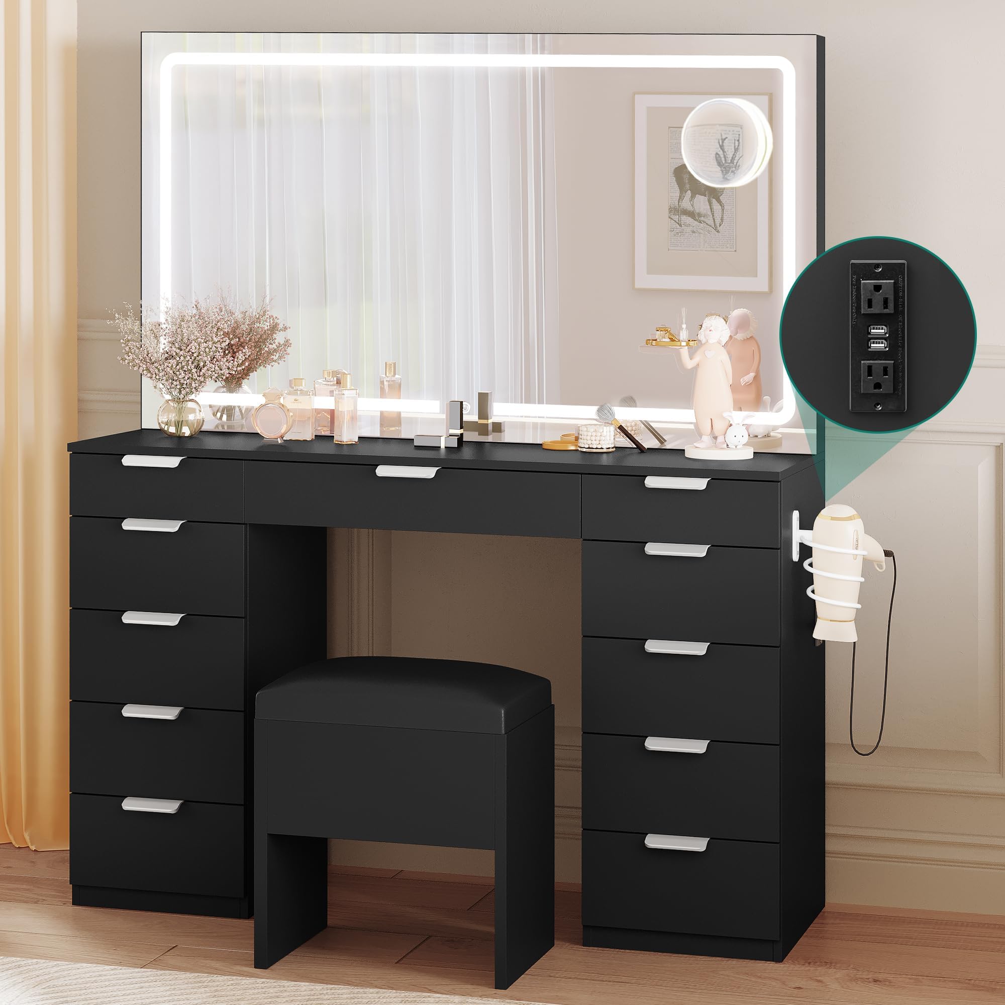 YITAHOME Vanity Desk Set with Large LED Lighted Mirror & Power Outlet ...