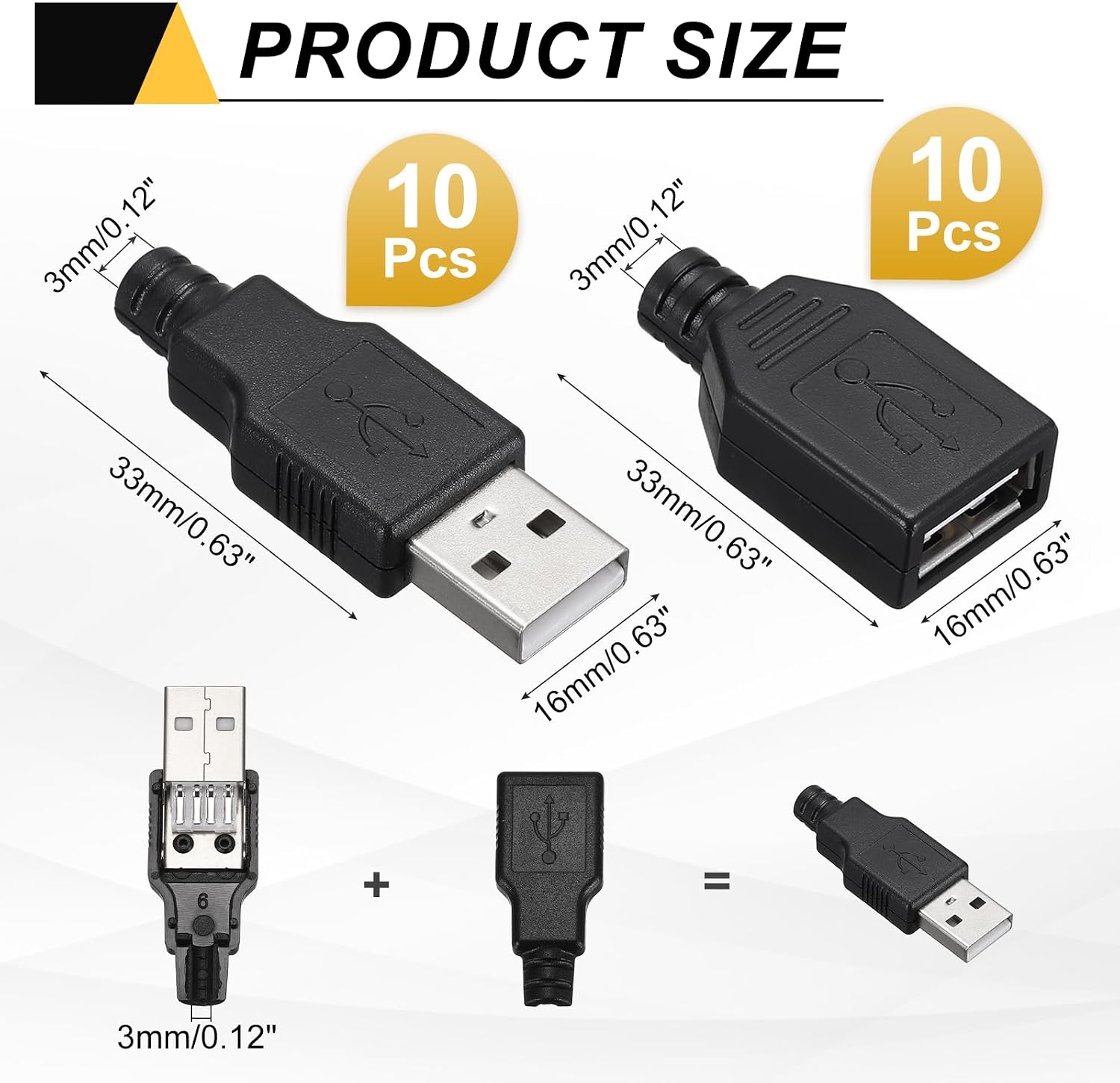 MECCANIXITY 20Pcs USB 2.0 Type A Male Female Plug Connector, 4 Pin Solder Terminal with 3mm Cable Hole for DIY Cable Repair Kit, Power Supply, Microcontroller Projects, Black, 33x16mm