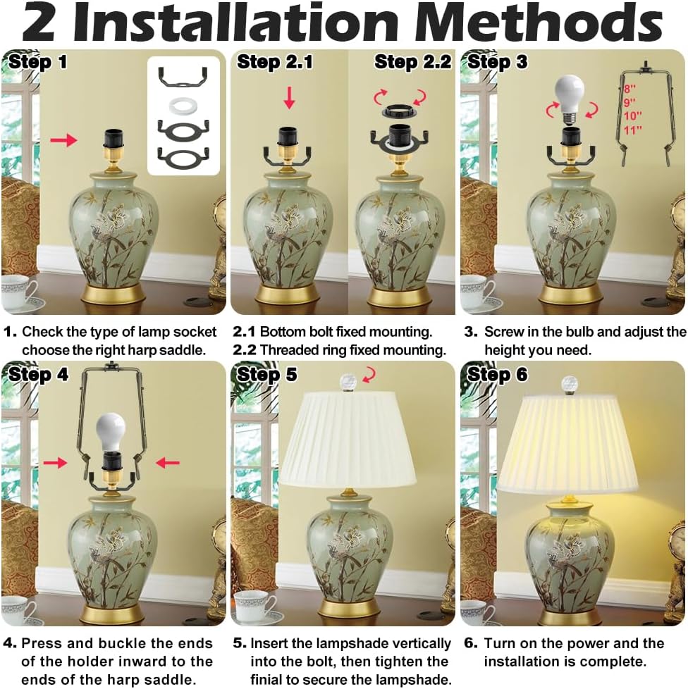 8 9 10 11 inch Bronze Lamp Shade Harp Holder, Adjustable Height Harp Kit with Crystal & Metal Finial, DIY Replacement Making Repair Lampshade Bracket E14 E26 E27 Adapter Base Table Floor Light