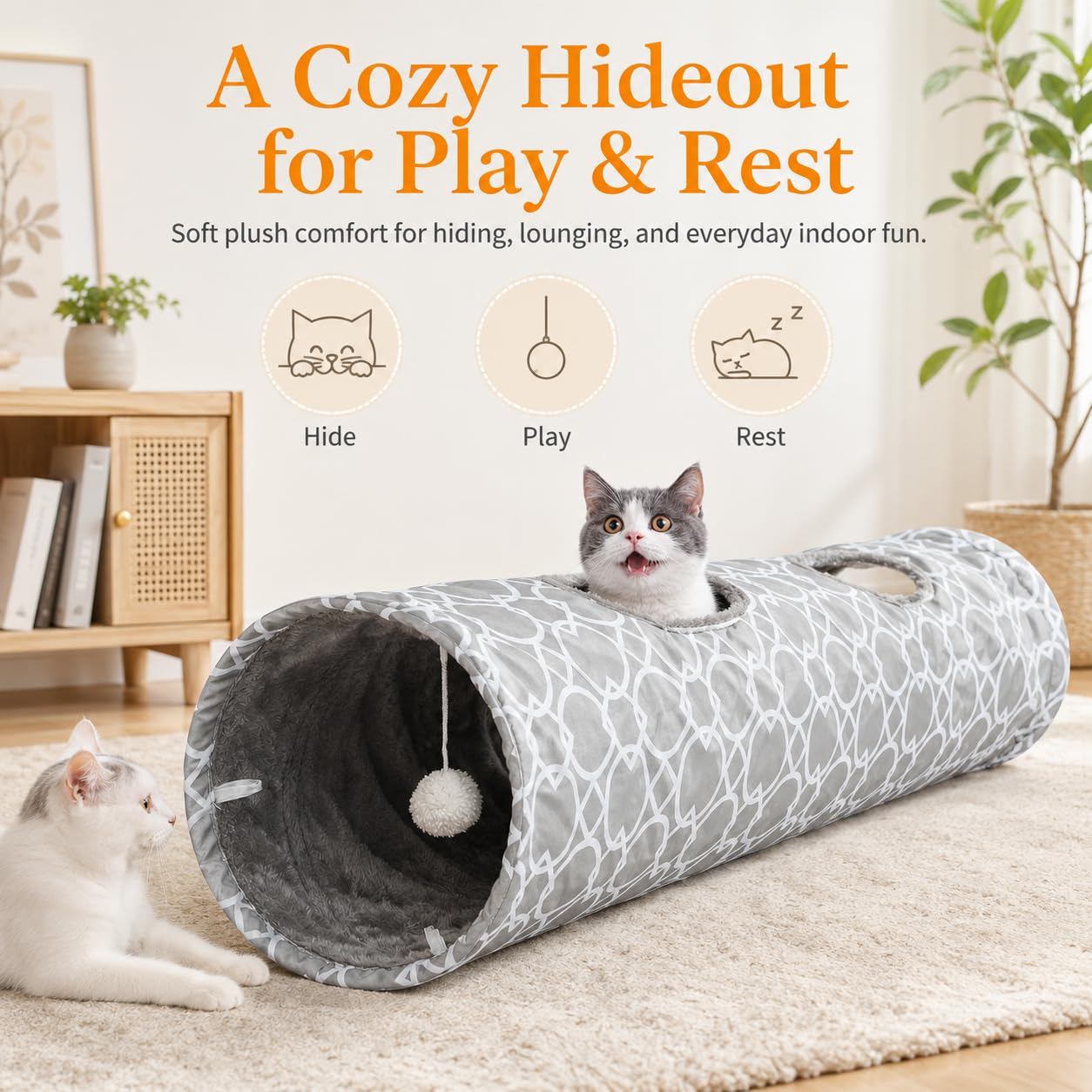 Túnel geométrico para gatos con felpa en el interior, juguetes para gatos, tubo de túnel plegable con bolas, para conejos, gatitos, hurones, cachorros y perros (gris-blanco-XL)