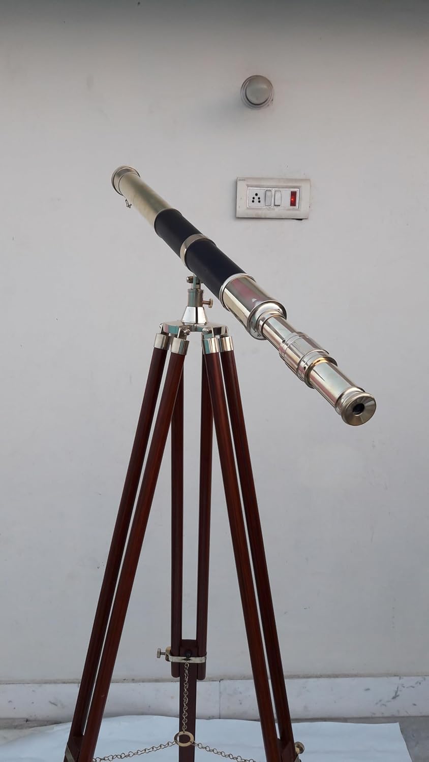 | 27" Shiny Brass Telescope with Leather Wrapped & Wooden Tripod Stand – Nautical Home Decor & Thoughtful Gift – Collectible Maritime Spyglass for Office, Study, or Living Room Accent
