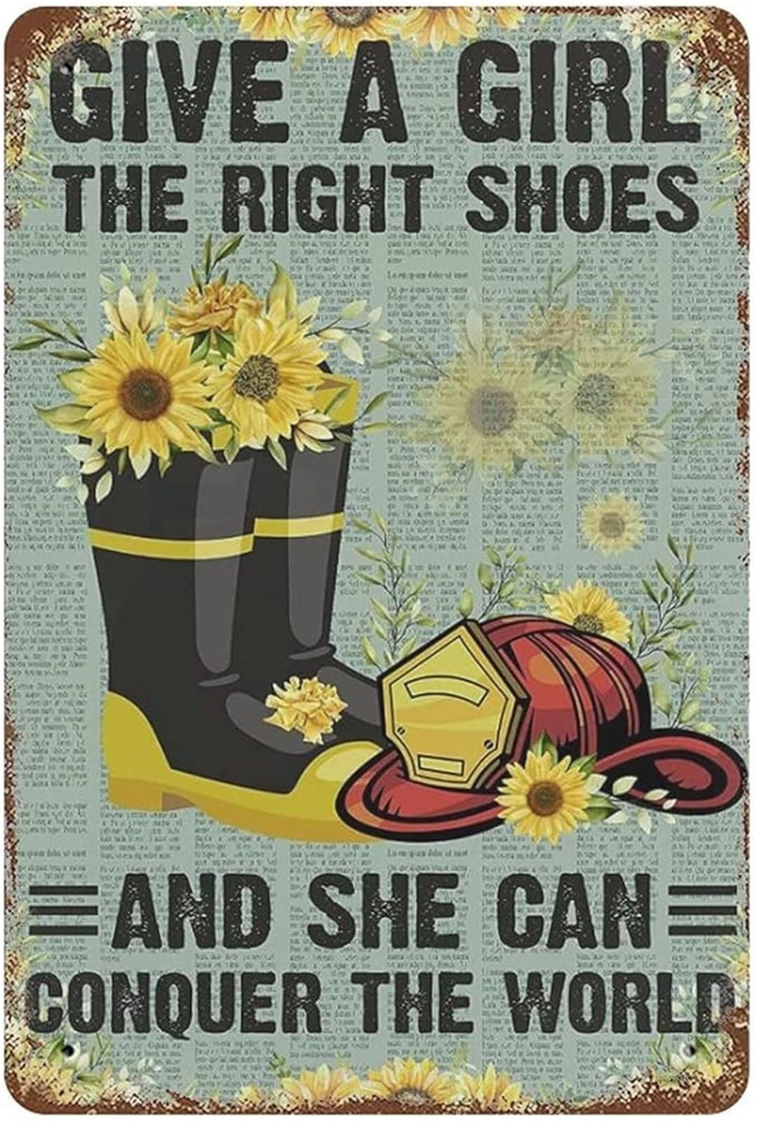 IDGTTLDF Funny Firefighter Girl Boot Sunflower Metal Tin Sign Quote Wall Plaque for Dining Room Entryway Garage Yard Outdoor 8 X 12 in