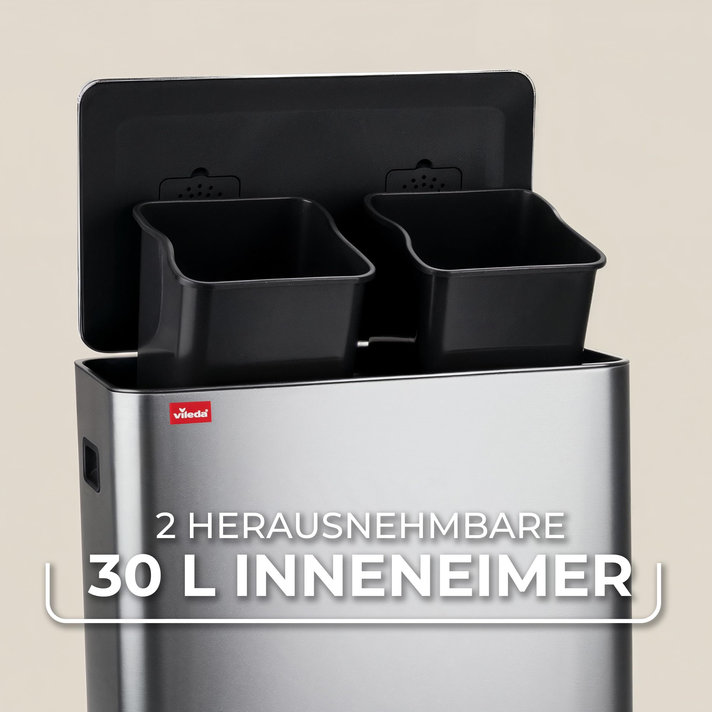 Vileda Mülleimer 60L Edelstahl silber mit 2x 30L Fächern - Treteimer mit Deckel - Abfalleimer 60L mit Soft-Close und 90 Grad Öffnung - Mülleimer Küche 60L - inkl. Einsatzfach für Duftpads im Deckel
